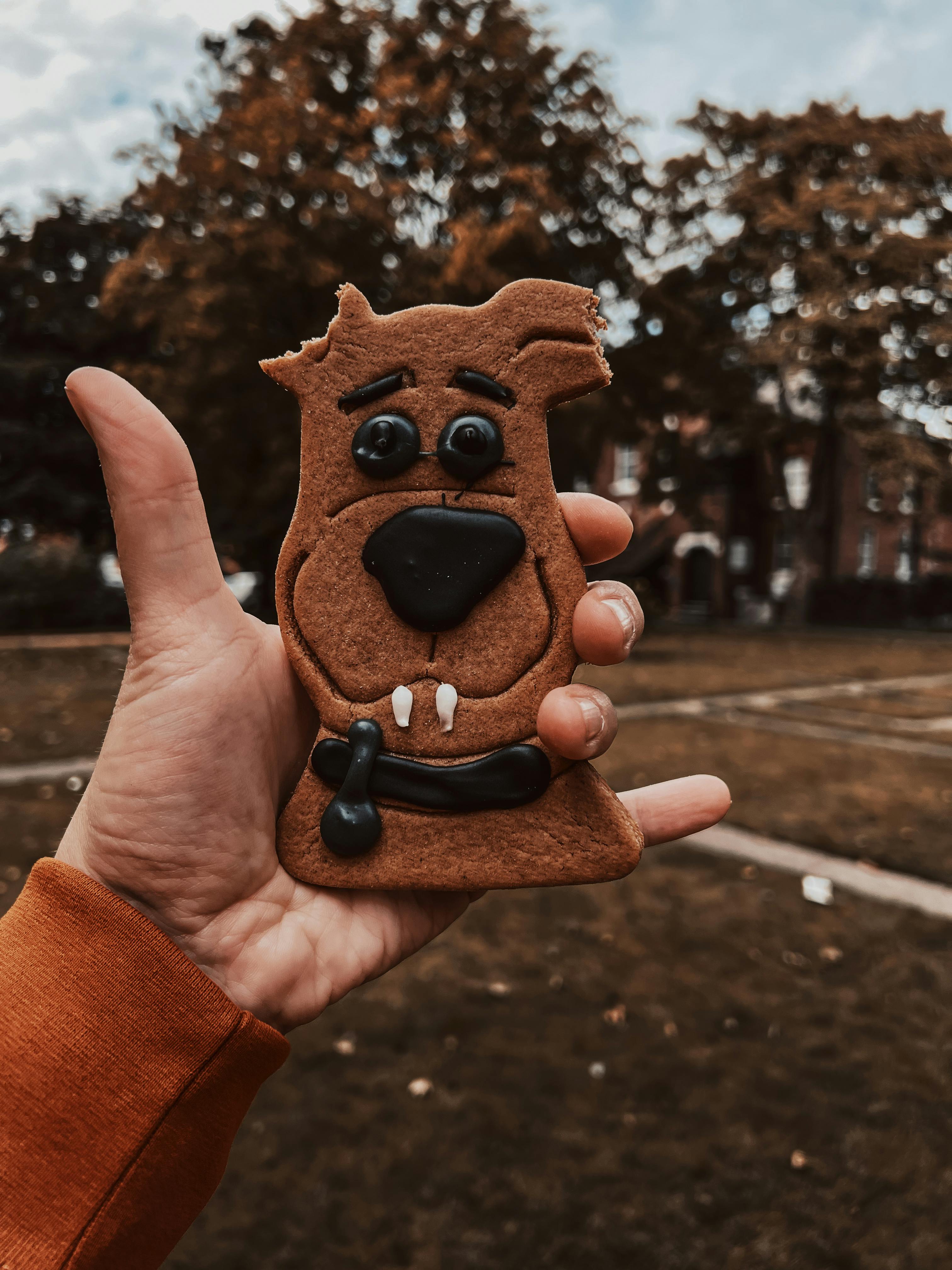 holding a bitten dog head cookie