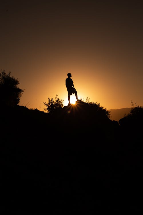 Silhouette of Man Standing on Grass Field during Sunset