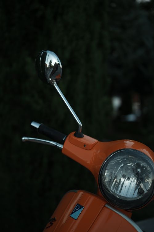 Free Detailed view of an orange motorcycle handlebars and side mirror, reflecting surrounding trees. Stock Photo