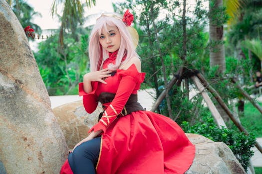 Creative cosplay portrait of a woman in a red dress with pink hair, posing outdoors.