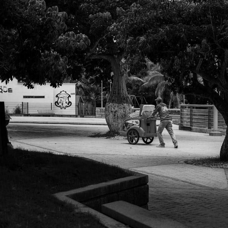 Grayscale Photo Of A Man Pushing A Cart