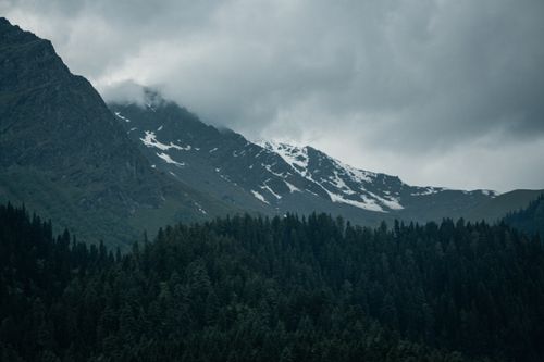 Free Majestic view of snow-capped mountains under a cloudy sky above a dense forest. Stock Photo