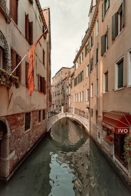 Serene view of a narrow canal with traditional buildings and bridge in Venice, Italy