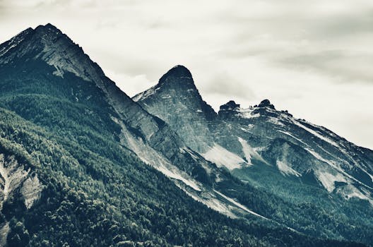 A breathtaking view of rugged mountain peaks towering above lush forests, showcasing nature's grandeur.