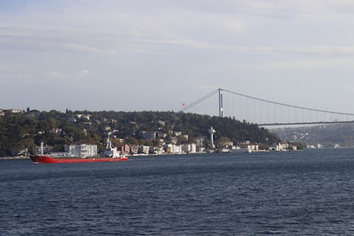 A Cargo Ship on the Sea Near a Bridge