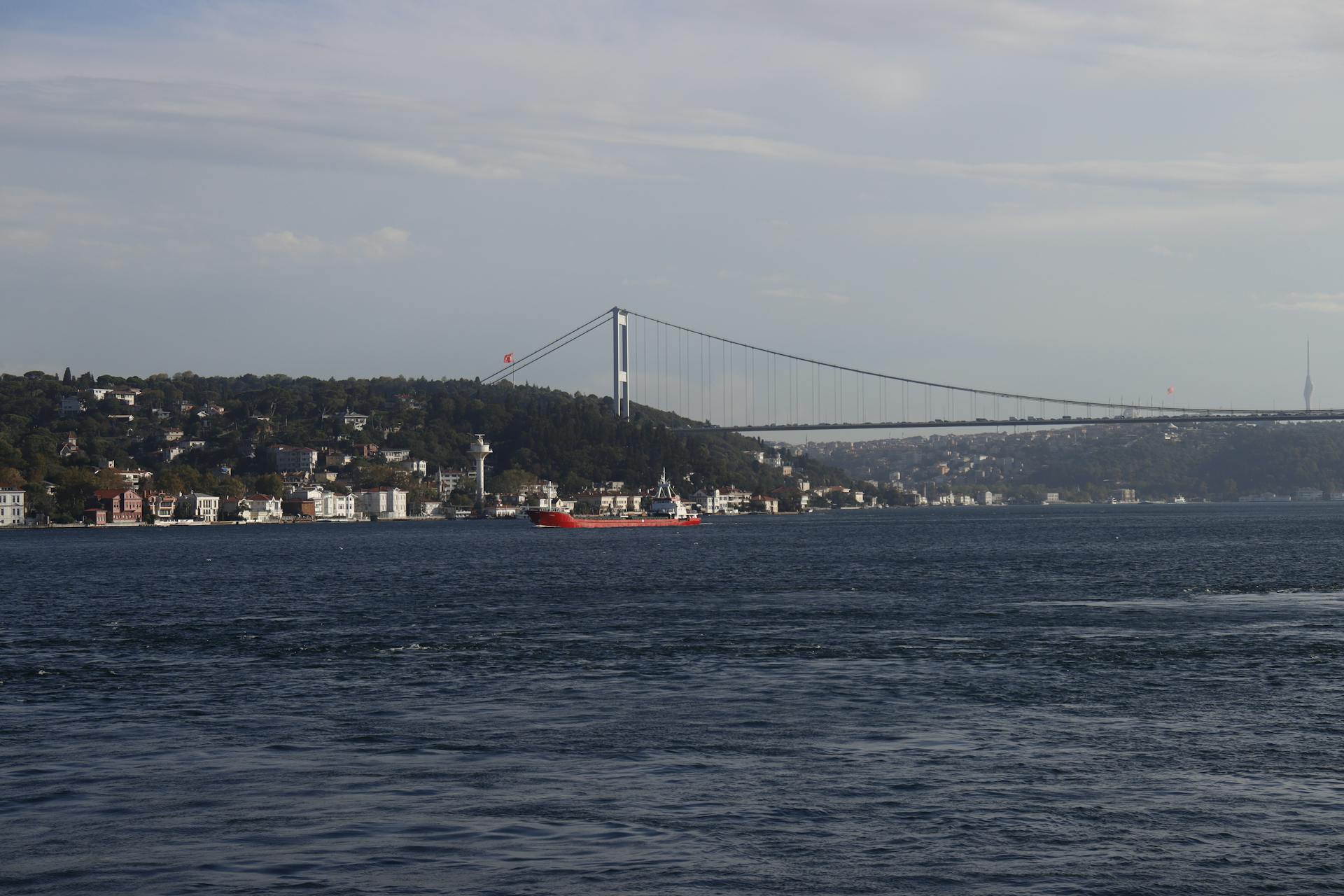 View of a cargo ship passing under the Bosphorus Bridge in Istanbul, Turkey, on a clear day.