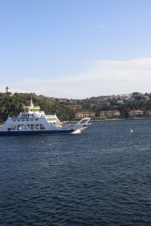Free Ferry travels across calm sea under blue sky with coastal view. Stock Photo