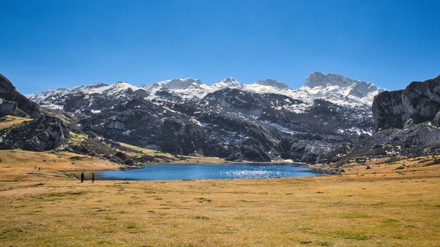Snow Capped Mountain Near Beautiful Lake of Covadonga in Asturias, Spain