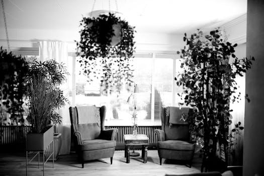 Cozy vintage interior with armchairs and potted plants in black and white. Nostalgic and retro decor.
