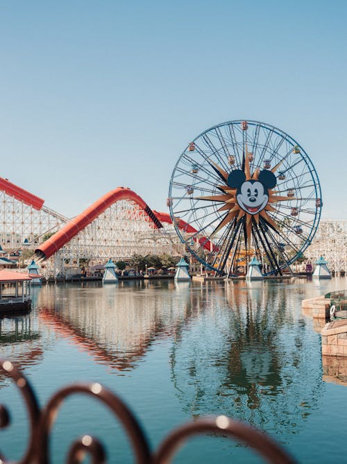 Ferris Wheel and Roller Coaster Reflecting in River