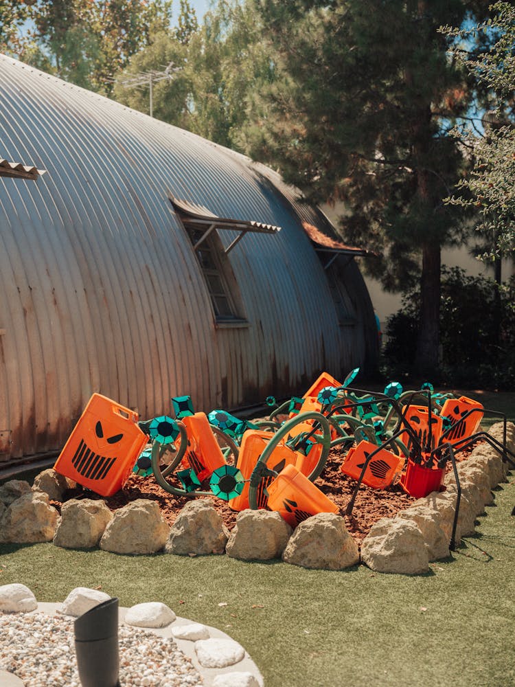 Halloween Decorations Near Shed In Garden