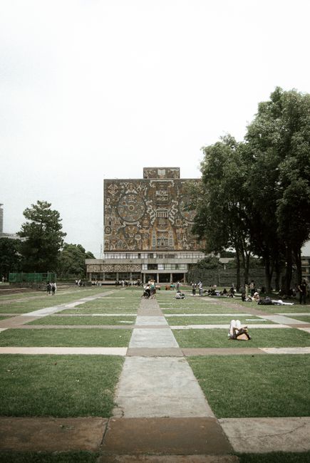 View of UNAM campus in Mexico City featuring iconic library murals and people relaxing on grass.