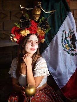A woman with Dia de los Muertos face paint poses with the Mexican flag, wearing an elaborate flower headdress.