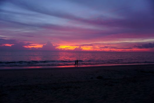 Capture the beauty of a sunset at Kochi beach with silhouetted figures against a vibrant sky.