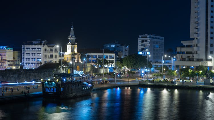 City Quay And Promenade With Blue Lights At Night