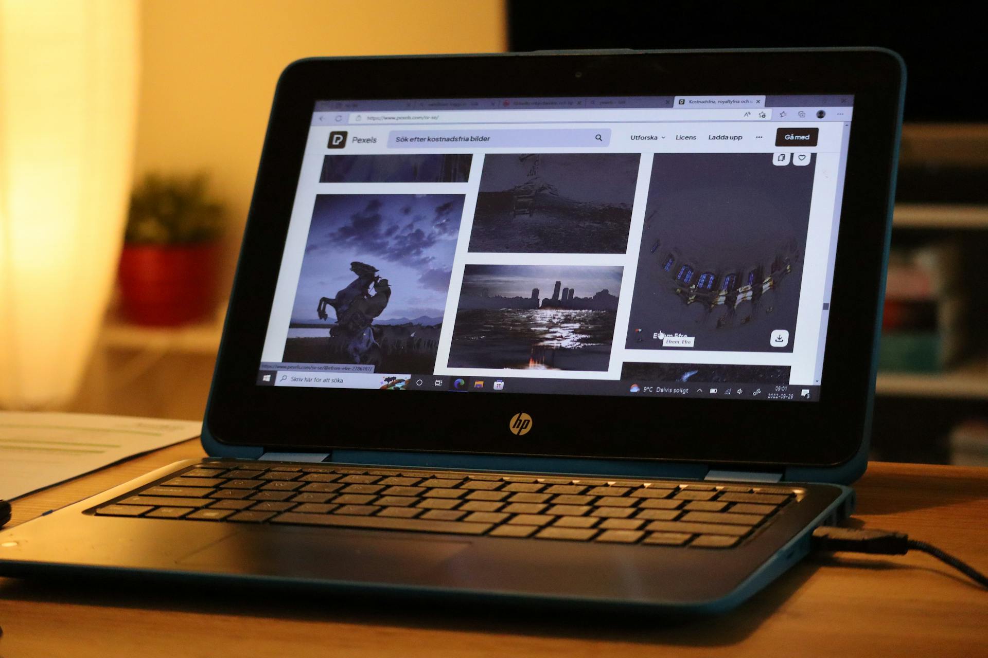 A modern HP laptop displaying images on a desk in a cozy indoor setting.