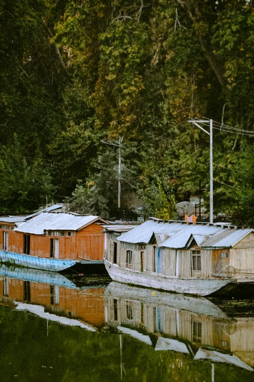Free Vintage houseboats on a tranquil lake surrounded by lush greenery. Stock Photo