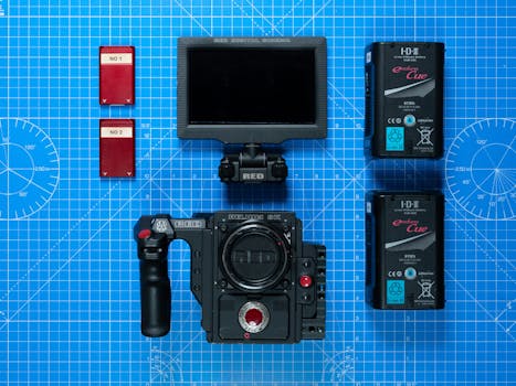 High-angle view of cinema camera gear and accessories neatly arranged on a blueprint background.