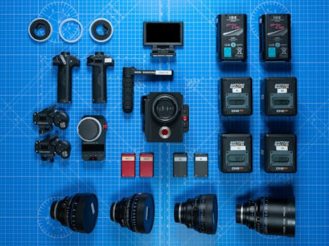 A collection of film cameras, lenses, and equipment arranged on a blueprint surface.