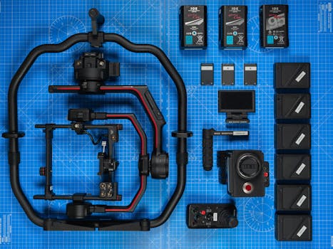 Flat lay of high-end filmmaking camera gear and accessories on a blueprint background.