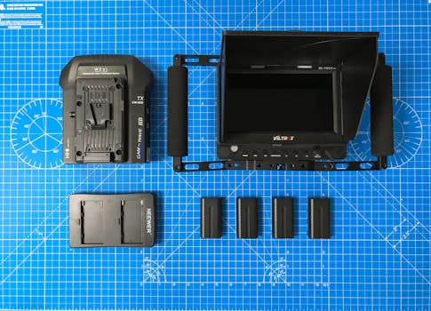 Flat lay of video production equipment on a blue cutting mat, including a monitor and batteries.