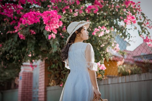 бесплатная Фотография женщины, стоящей рядом с розовыми цветами бугенвиллеи Стоковое фото