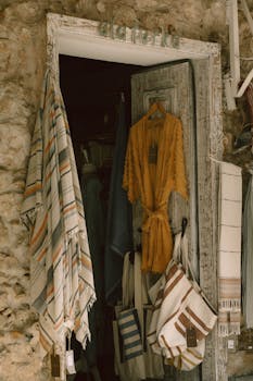 Charming clothing store entrance in Kaş, Turkey with hanging garments.