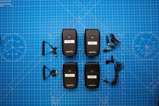 Wireless mic setup with lav mics on blue grid mat, ideal for videography.