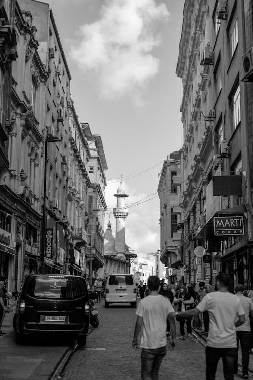 Grayscale Photo of a Street in Istanbul