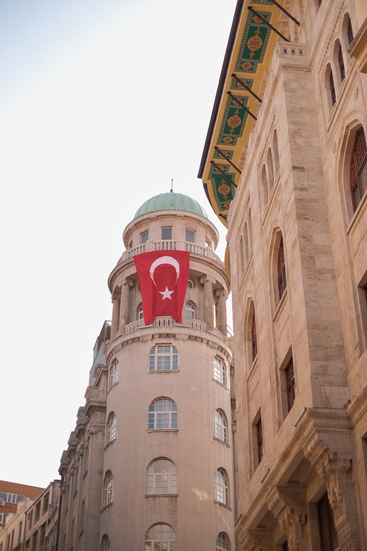 The Turkish Flag Hanging On The Orientbank Hotel