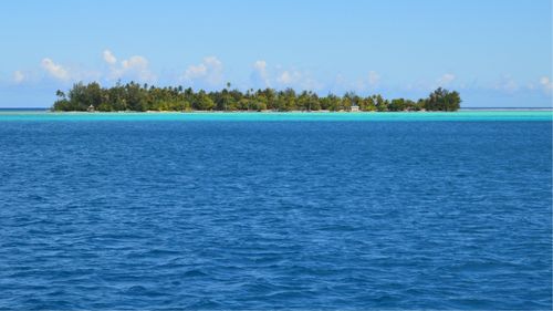 Free Scenic view of a tropical island surrounded by turquoise ocean under a blue sky. Stock Photo
