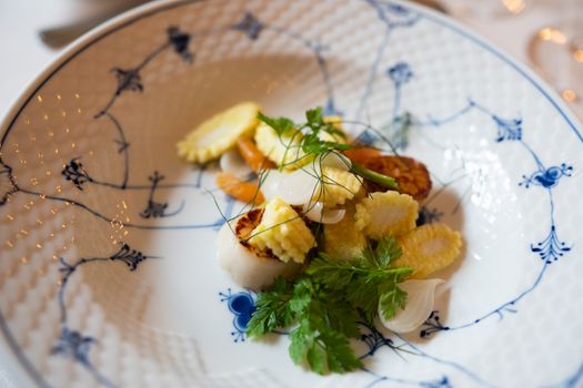 Close-up of an exquisite gourmet dish with vegetables and herbs on a Delft-patterned ceramic plate.