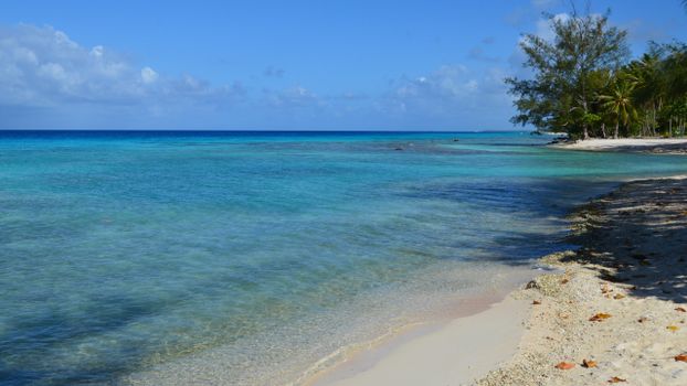 Peaceful tropical beach scene with clear blue water and sandy shore.