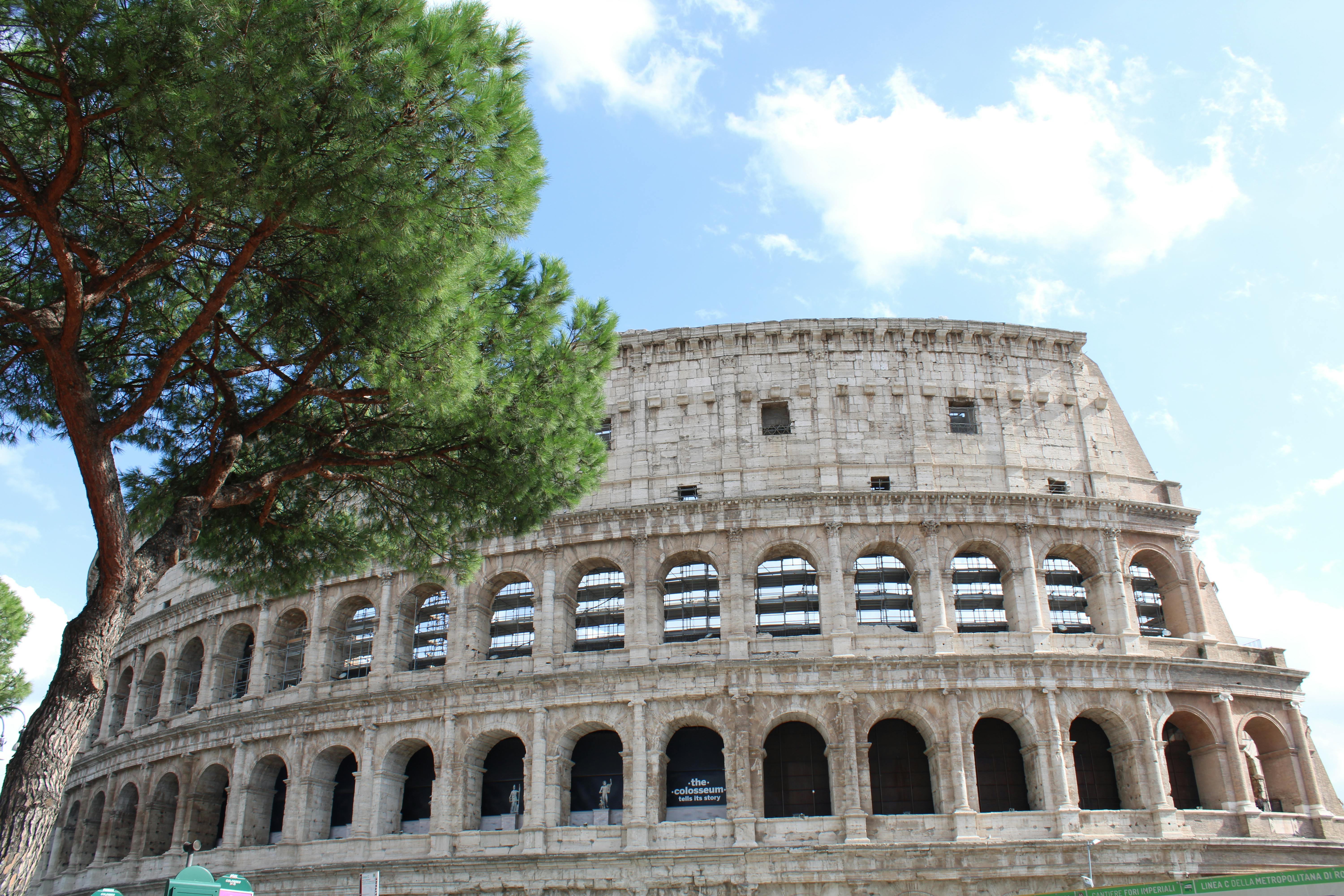 Free The iconic Colosseum of Rome with bright blue skies and lush greenery. Stock Photo