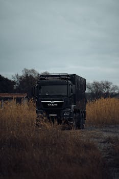 A large black truck is parked in a field of tall grass under overcast skies, conveying a sense of adventure and ruggedness.