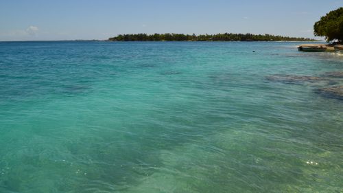 Free Serene beach view with crystal-clear water and distant forested shoreline. Ideal for relaxation concepts. Stock Photo