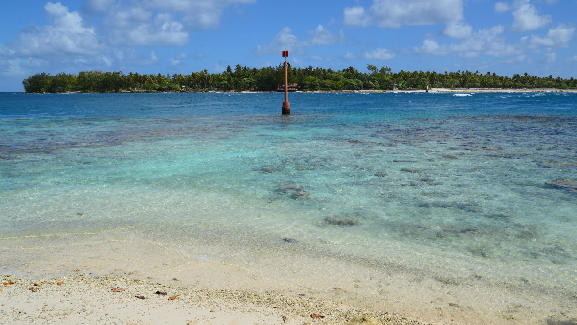 Stunning view of a tropical beach and island surrounded by vibrant blue water.
