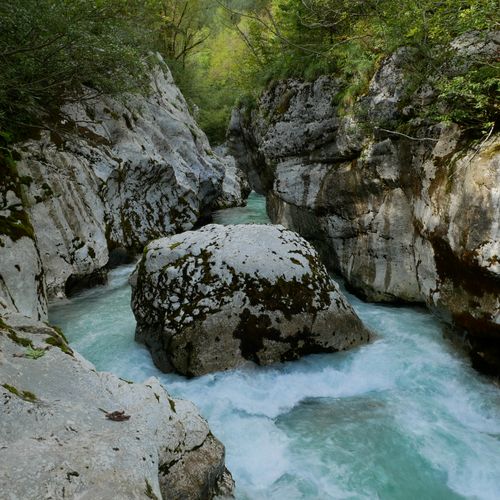 Free Stunning view of the clear Soča River flowing through a rocky gorge in Slovenia. Stock Photo