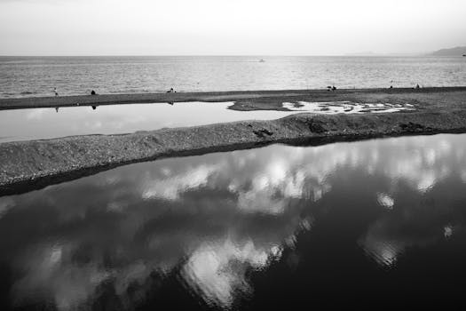 Black-and-white image of a serene beach with reflections in the water, capturing a peaceful atmospheric scene.