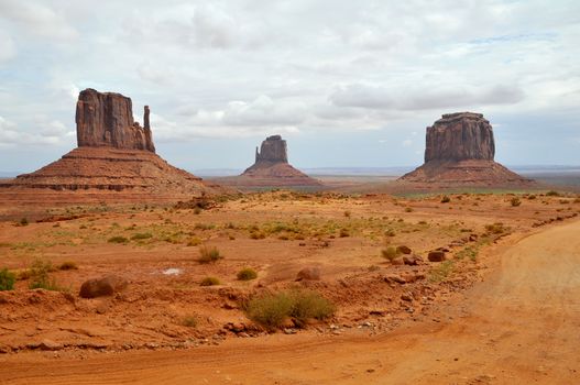 Stunning view of Monument Valley's rock formations under a cloudy sky.