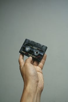 Close-up of a hand holding a vintage cassette tape against a simple background, emphasizing retro style.