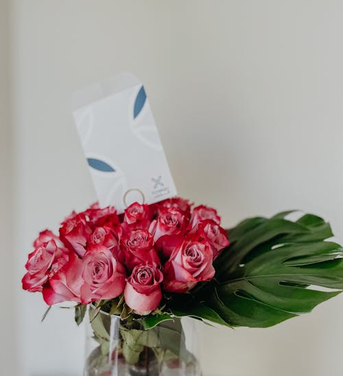 Free A Bouquet of Roses in a Glass Vase Stock Photo