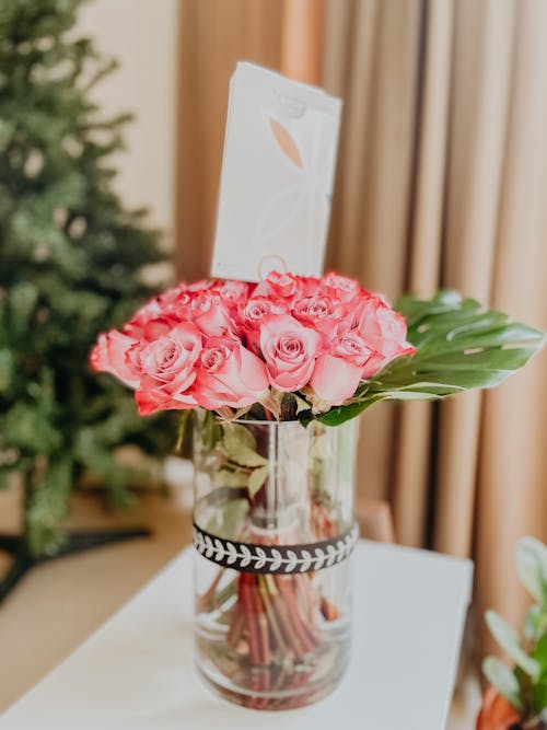 A Pink Roses in Full Bloom on a Clear Glass Vase
