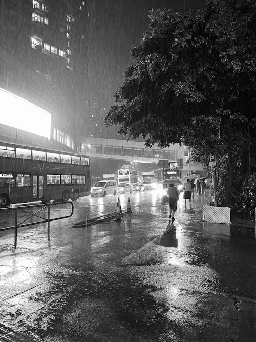 A Grayscale Photo of People Walking on the Street at Night while Raining