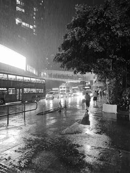 Black and white photo of a rainy city street at night with buses, cars, and pedestrians with umbrellas.