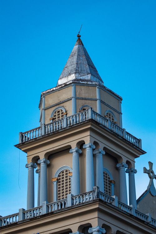 Free A detailed view of an ornate church tower in Quibdó, Colombia, showcasing sacral architecture. Stock Photo