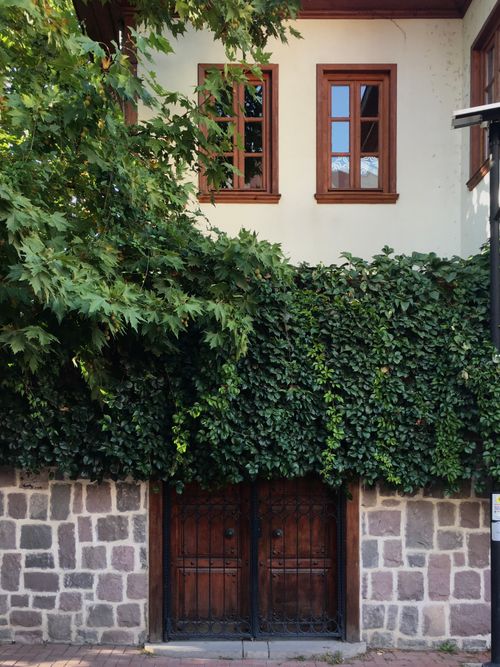 Free Beautiful facade featuring ivy-covered walls and a classic wooden door beneath tall windows. Stock Photo