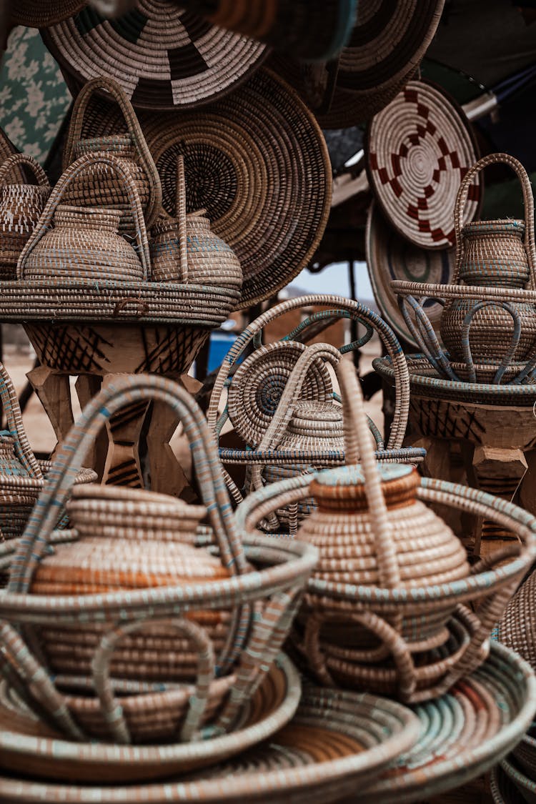 Brown Woven Baskets Display In The Market 