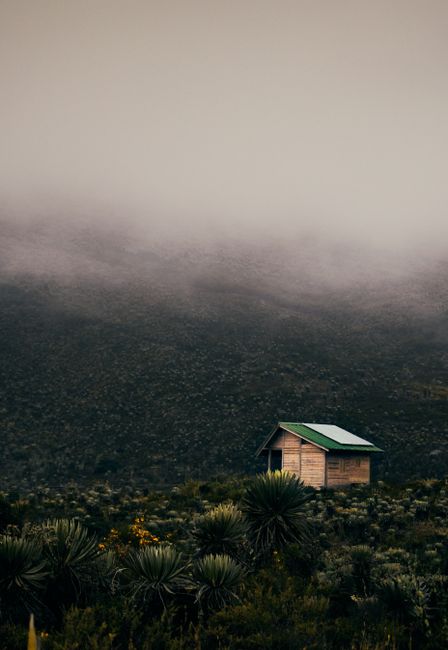 Misty mountain scene featuring a solitary wooden cabin amidst lush greenery in Sumapaz, Colombia.