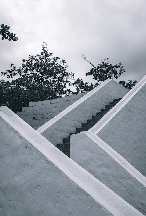 Grayscale Photo of a Concrete Staircase